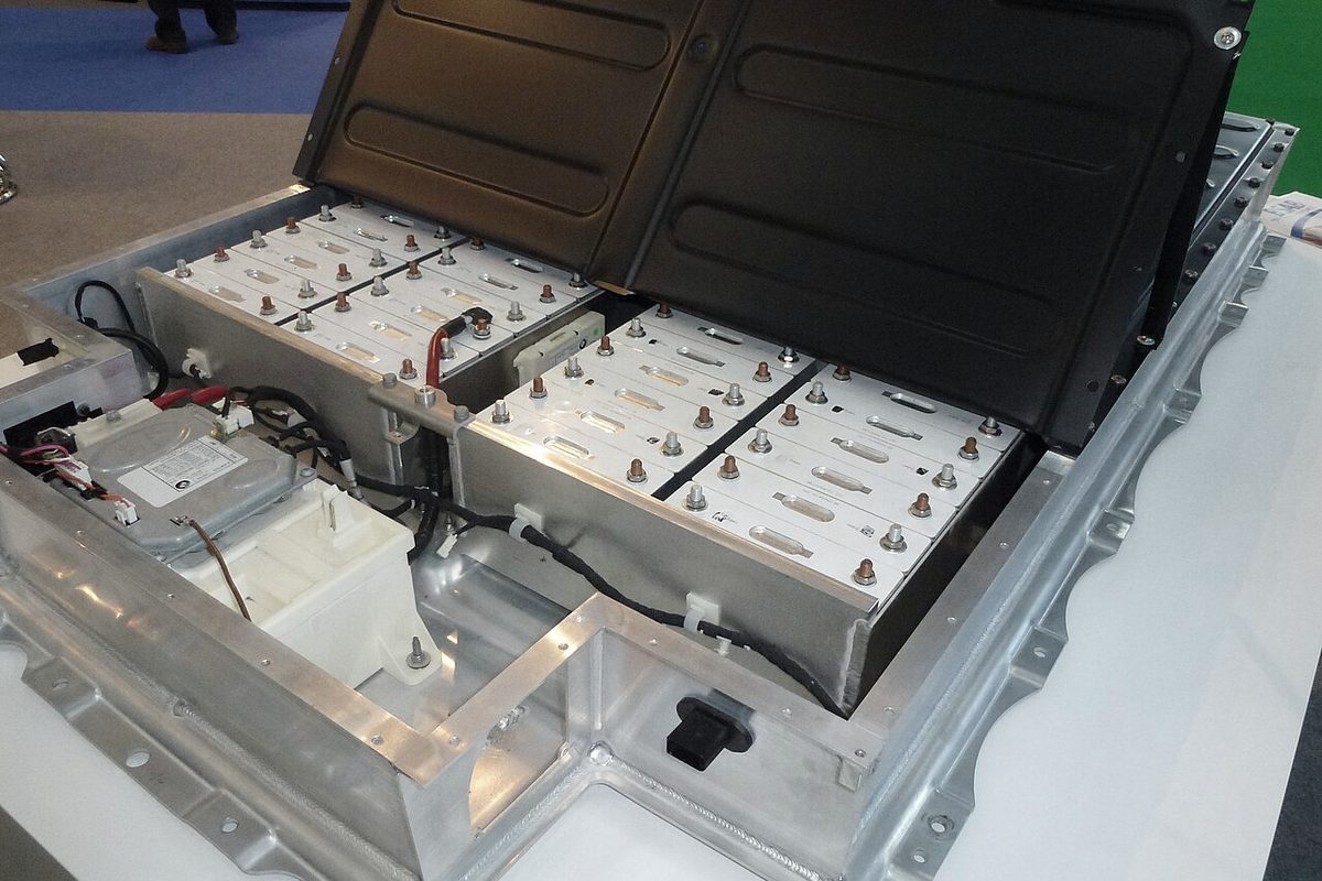 An opened lithium-ion vehicle battery pack
